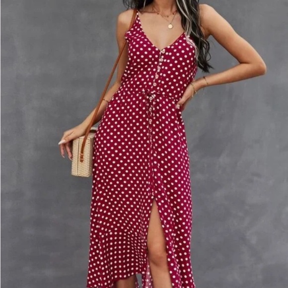 Boho polka dots  button up v neck tie polka dot dress - Picture 14 of 15